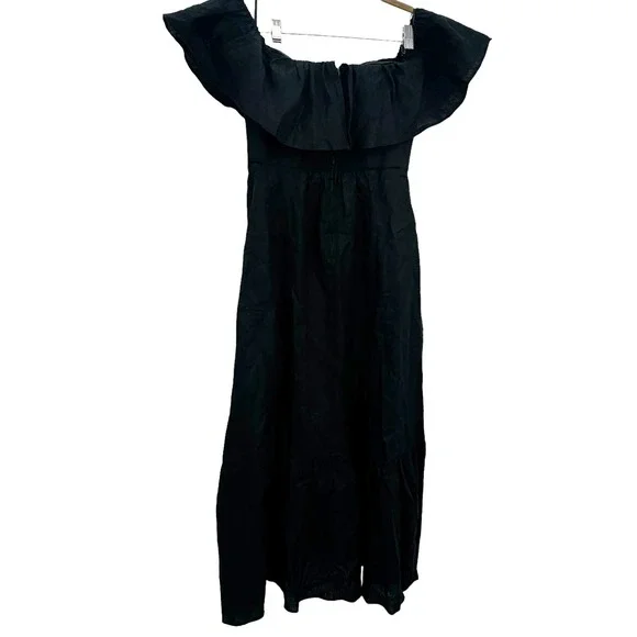 Reformation Baela Ruffle Off the Shoulder Linen Midi Dress Black Size 2 NWOT